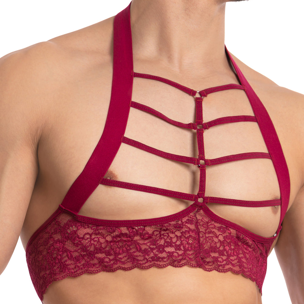 A deep red lace halter top with crisscross straps and floral embroidery from Secret Male SMA021 tops and bras