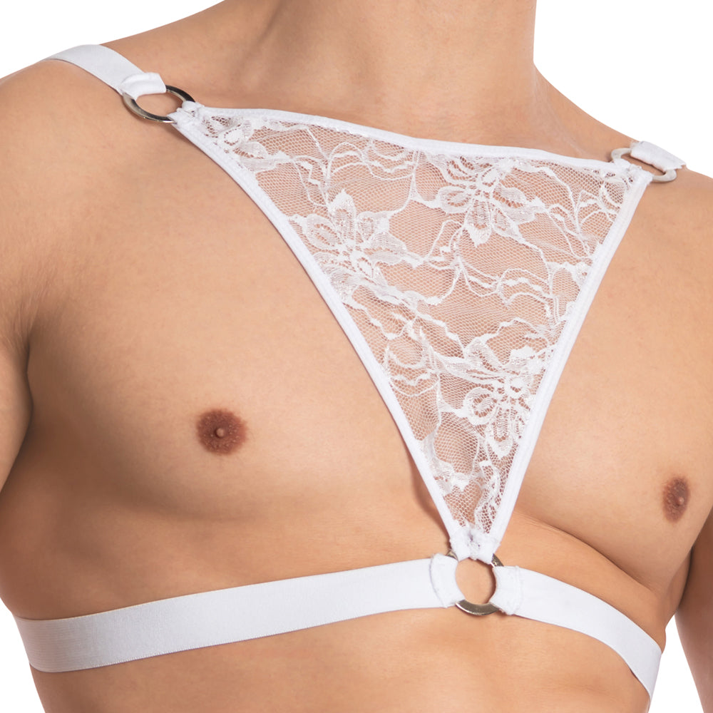 White lace triangle harness with adjustable straps and metal rings for secret male sma022 tops and bras