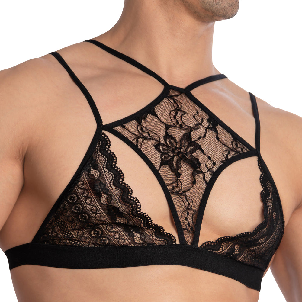 Black lace bra with intricate floral patterns and thin straps from secret male sma028 tops and bras collection
