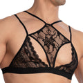 Black lace bra with intricate floral patterns and thin straps from secret male sma028 tops and bras collection