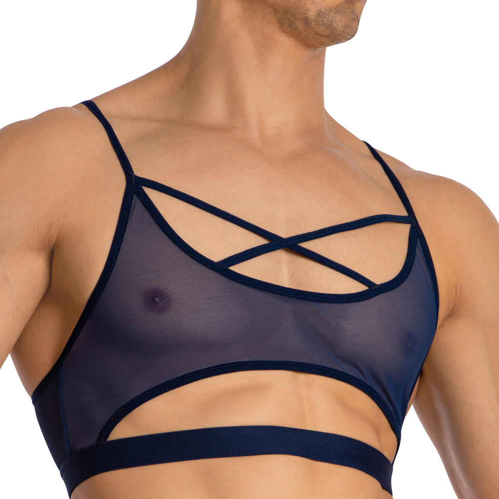 Navy blue sheer mesh bra with crisscross strap design from secret male SMA029 tops and bras collection