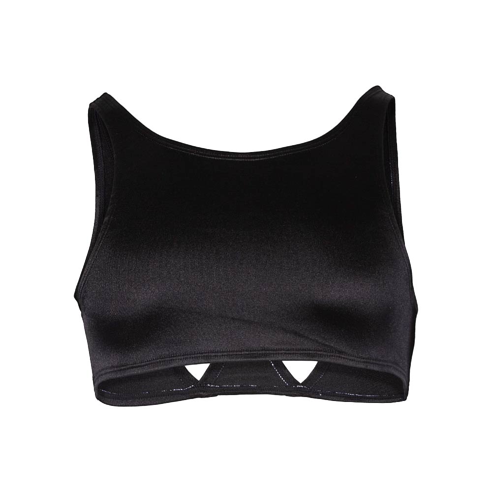 Black satin crop top with triangular cutouts at the bottom from secret male sma030 tops collection