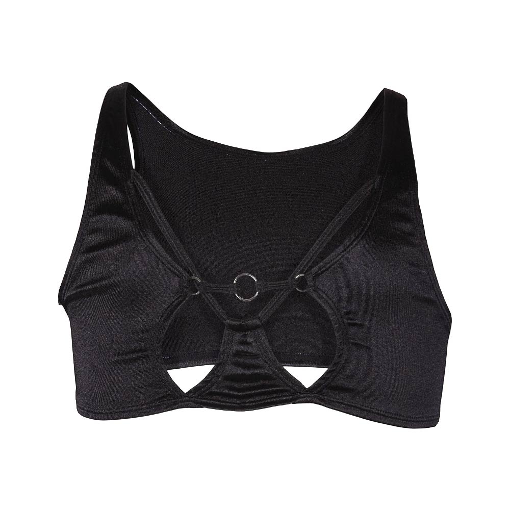 Black satin crop top secret male SMA030 with crisscross straps and central metal ring detail