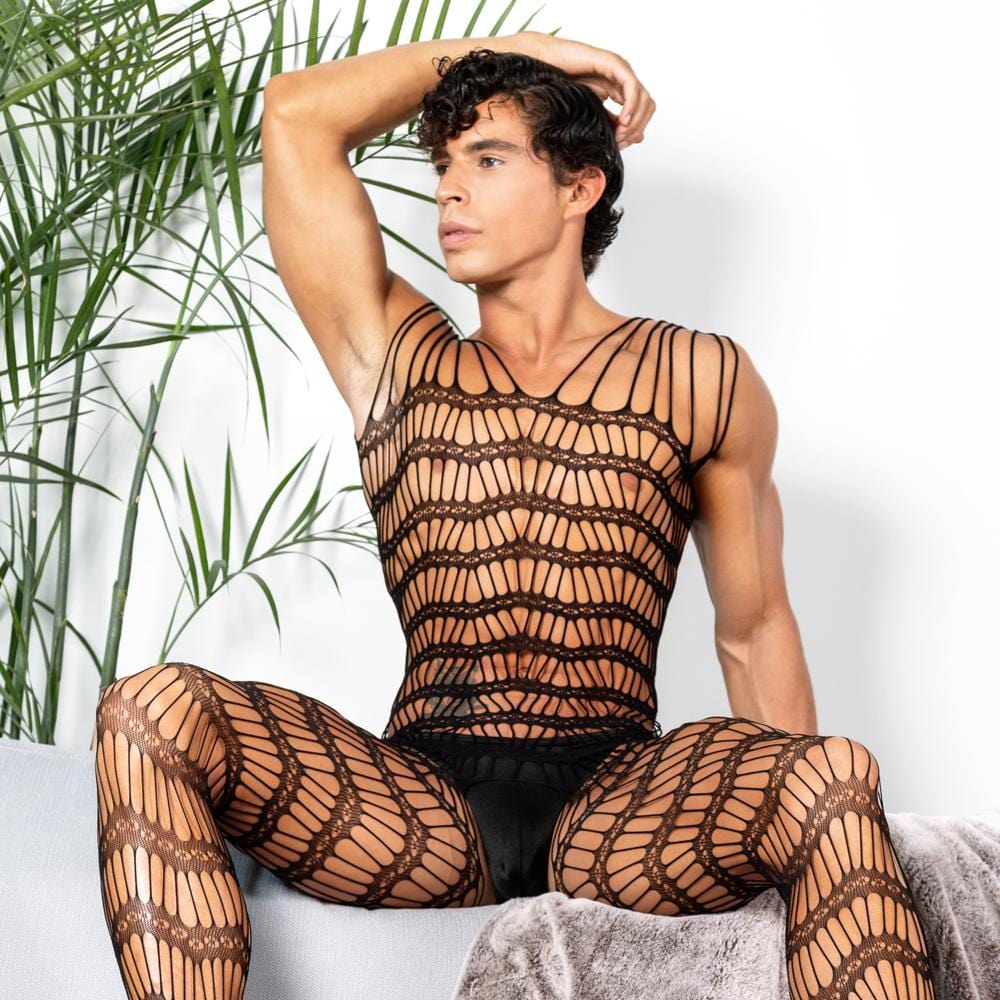Black fishnet bodysuit with intricate lace patterns covering torso and legs from secret male smc001 bodysuit and harness