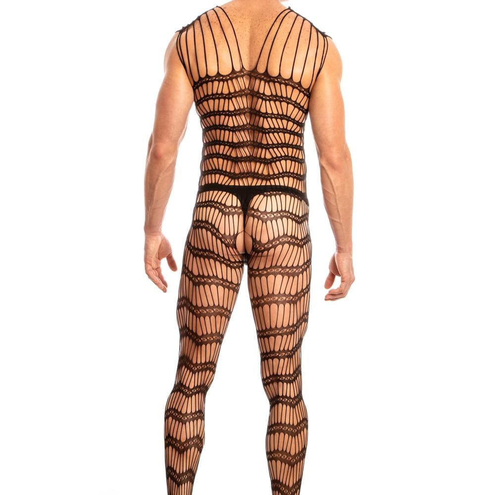 Black fishnet bodysuit with intricate lace-like patterns and tight form-fitting design from secret male smc001 collection