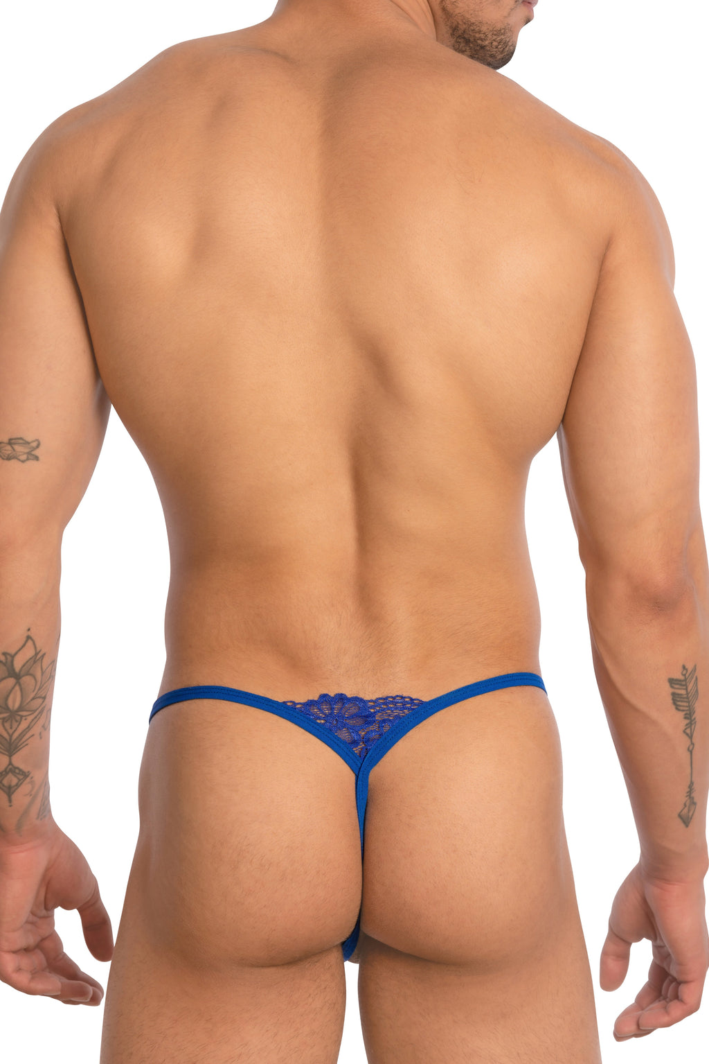 Blue lace thong bikini brief with decorative pattern from secret male smc0015 collection front view