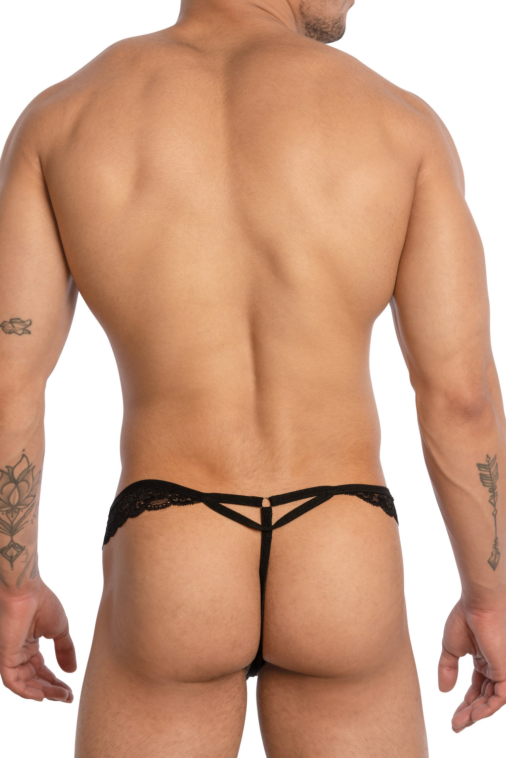 Black lace thong jockstrap secret male smc0017 with central strap and decorative trim shown from the back side