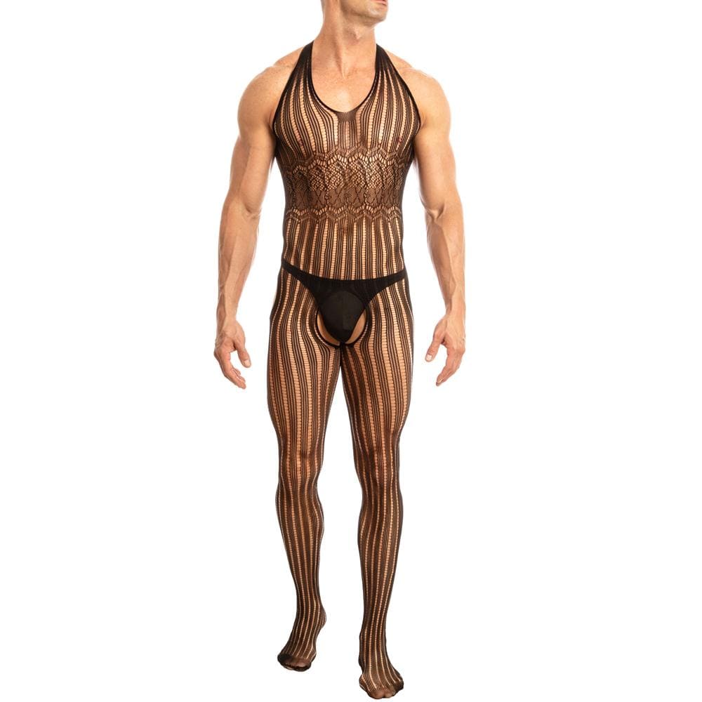 Secret male smc002 black and tan striped mesh bodysuit with halter neckline lace detailing and matching leg coverings