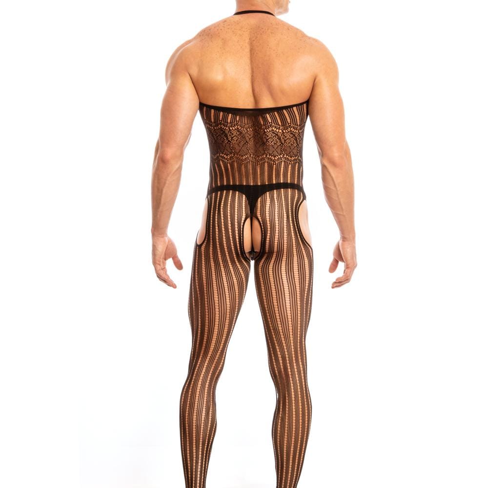 Black and tan striped mesh secret male smc002 bodysuit with lace patterned back shown from the back side