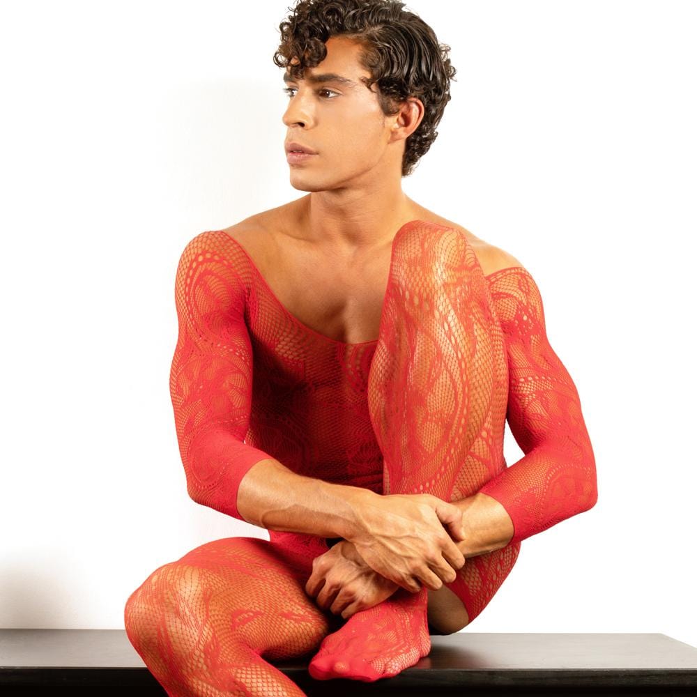 A vibrant red full-body lace bodysuit with fitted design and intricate pattern in secret male smc004 style
