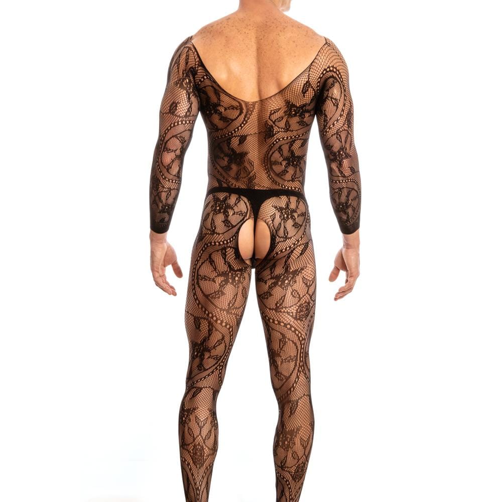 Black lace secret male smc004 bodysuit and harness with intricate floral patterns and mesh texture