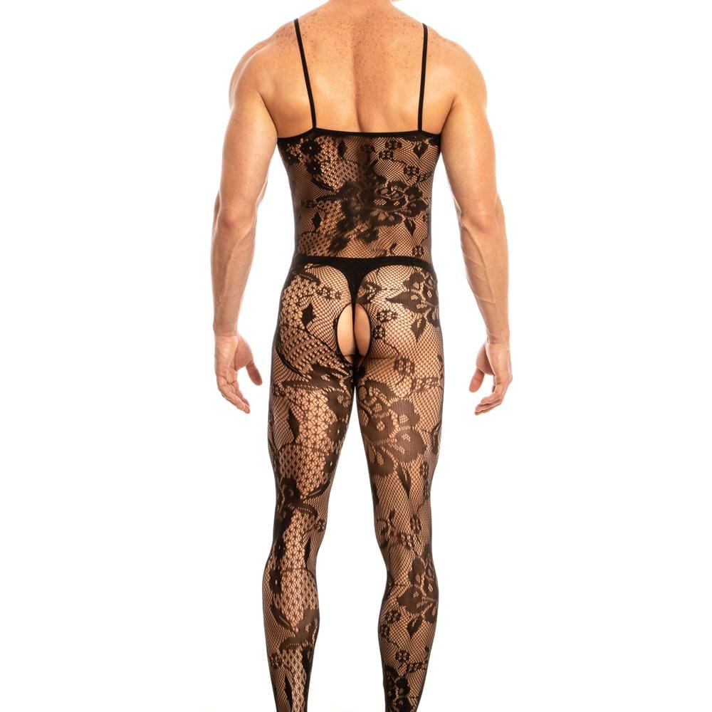 Secret male smc007 black lace bodysuit with floral pattern and mesh fabric designed with harness details