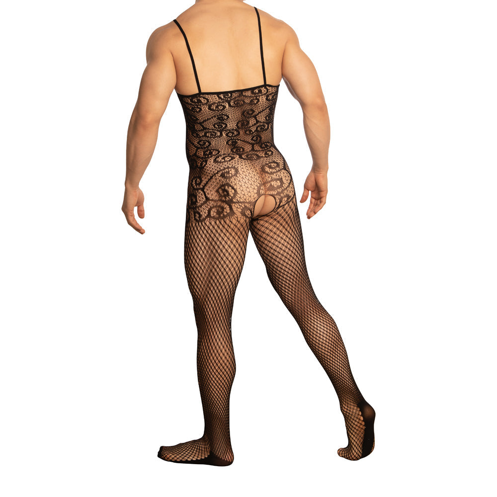 Black lace bodysuit with mesh pattern and thin straps from Secret Male SMC009 bodysuit and harness collection