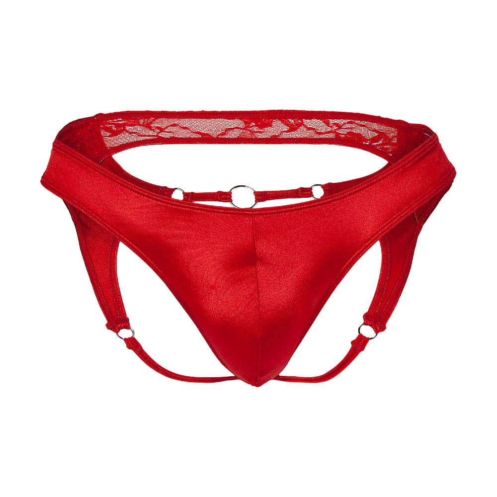 Red satin thong with lace trim and metal rings shown from the back in secret male SME007 jockstrap style