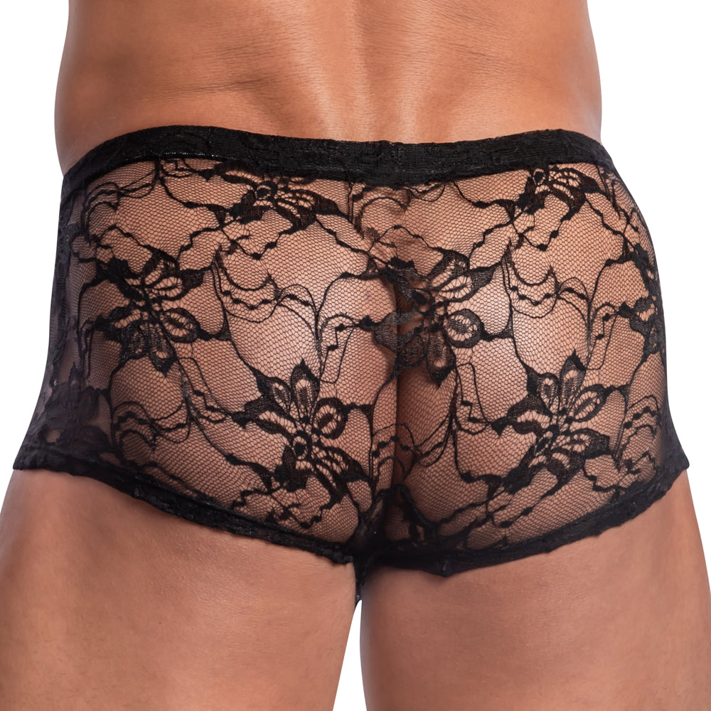 Black lace secret male smg001 boxer trunk with intricate floral patterns and sheer delicate design front view