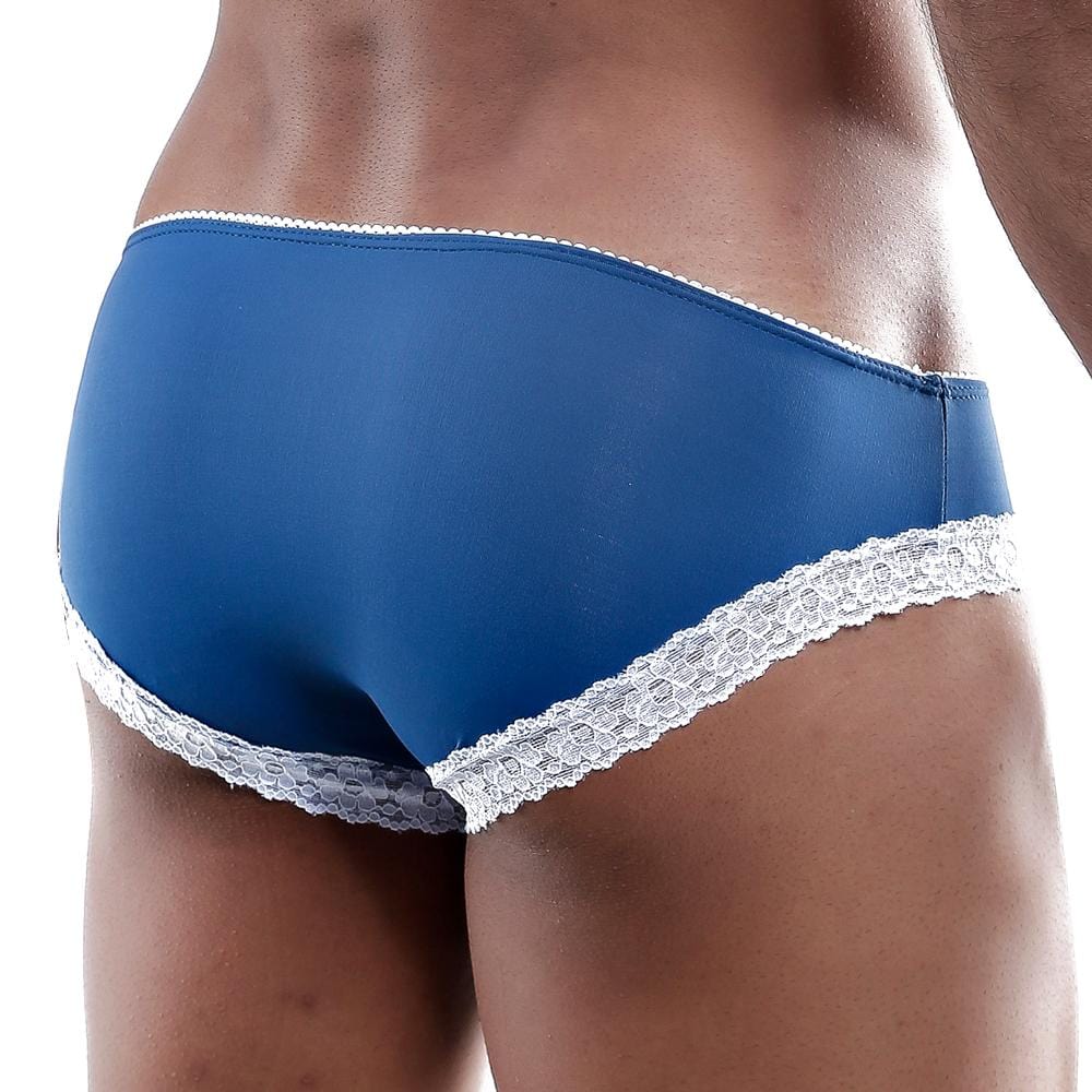 Blue satin briefs secret male smi012 bikini brief with delicate white lace trim front view