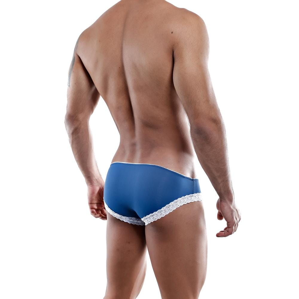Blue briefs with white lace trim in secret male smi012 bikini brief design showing front side details