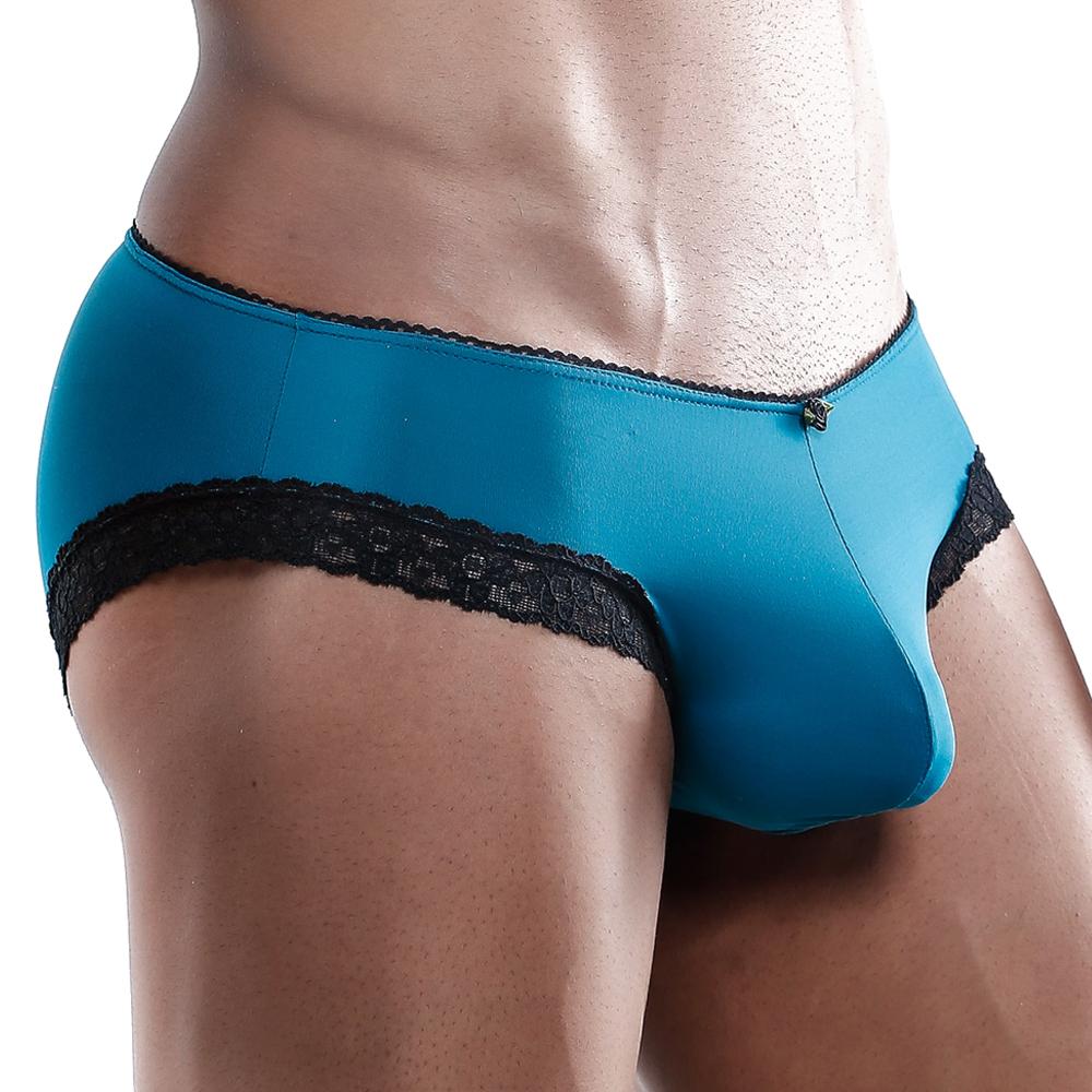 Teal secret male smi012 bikini brief with black lace trim and small metallic clasp at the waistband