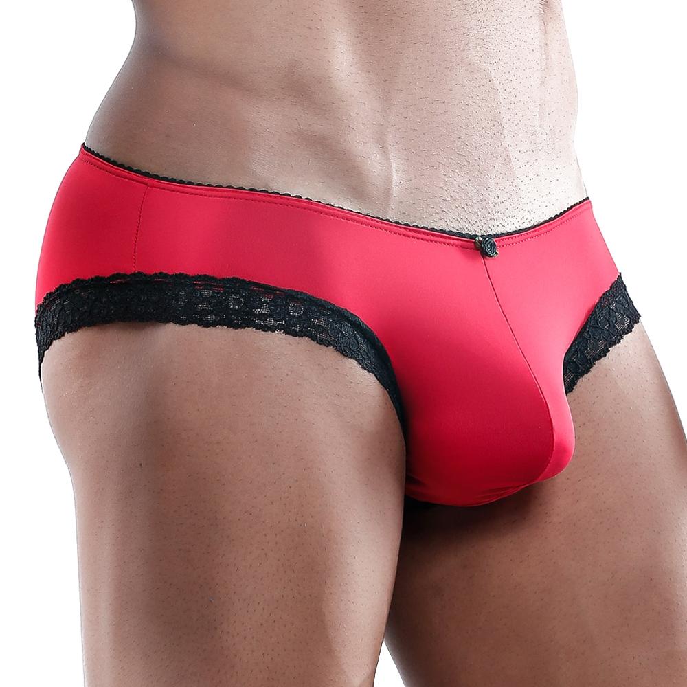 Vibrant red satin secret male smi012 bikini brief with black lace trim and a small metallic clasp