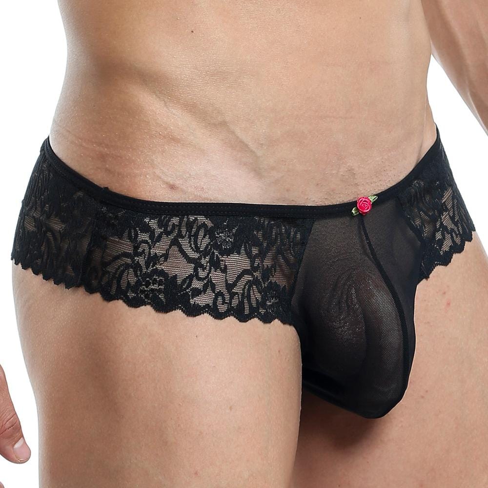 Black lace thong bikini brief with delicate floral pattern and small red rose accent by Secret Male SMI022