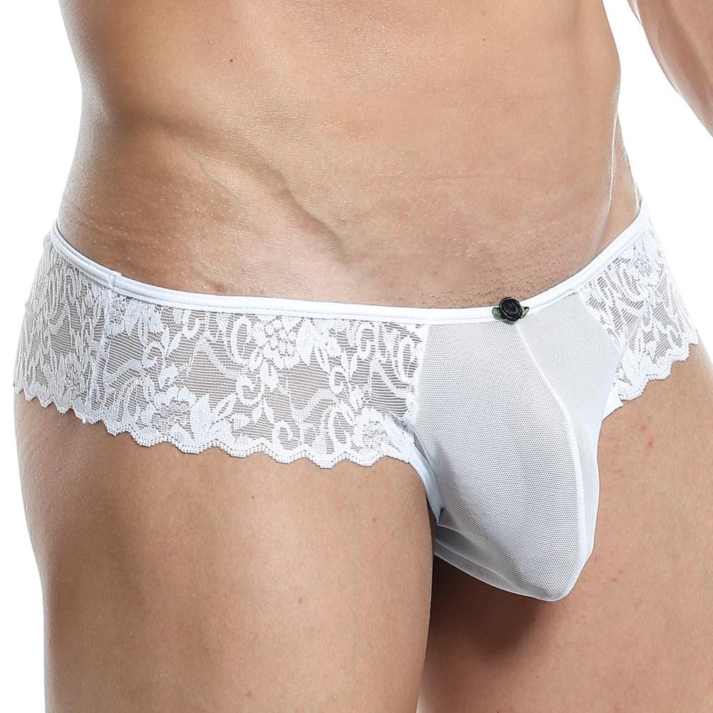 White lace-trimmed mesh bikini briefs with black rose-shaped clasp from secret male smi022 collection