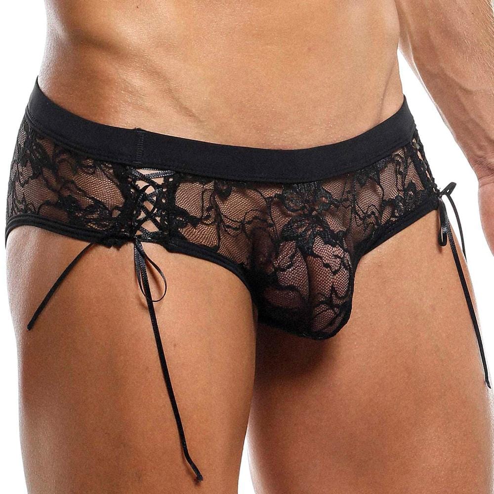 Black lace secret male smi024 bikini brief with sheer floral mesh design and adjustable side ties for men