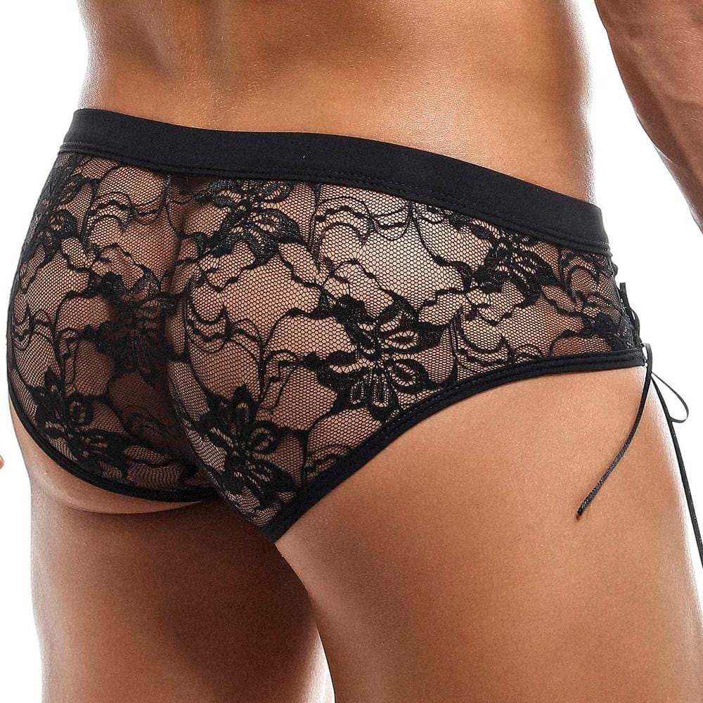 Black lace secret male smi024 bikini brief with floral pattern and adjustable side ties shown from the back