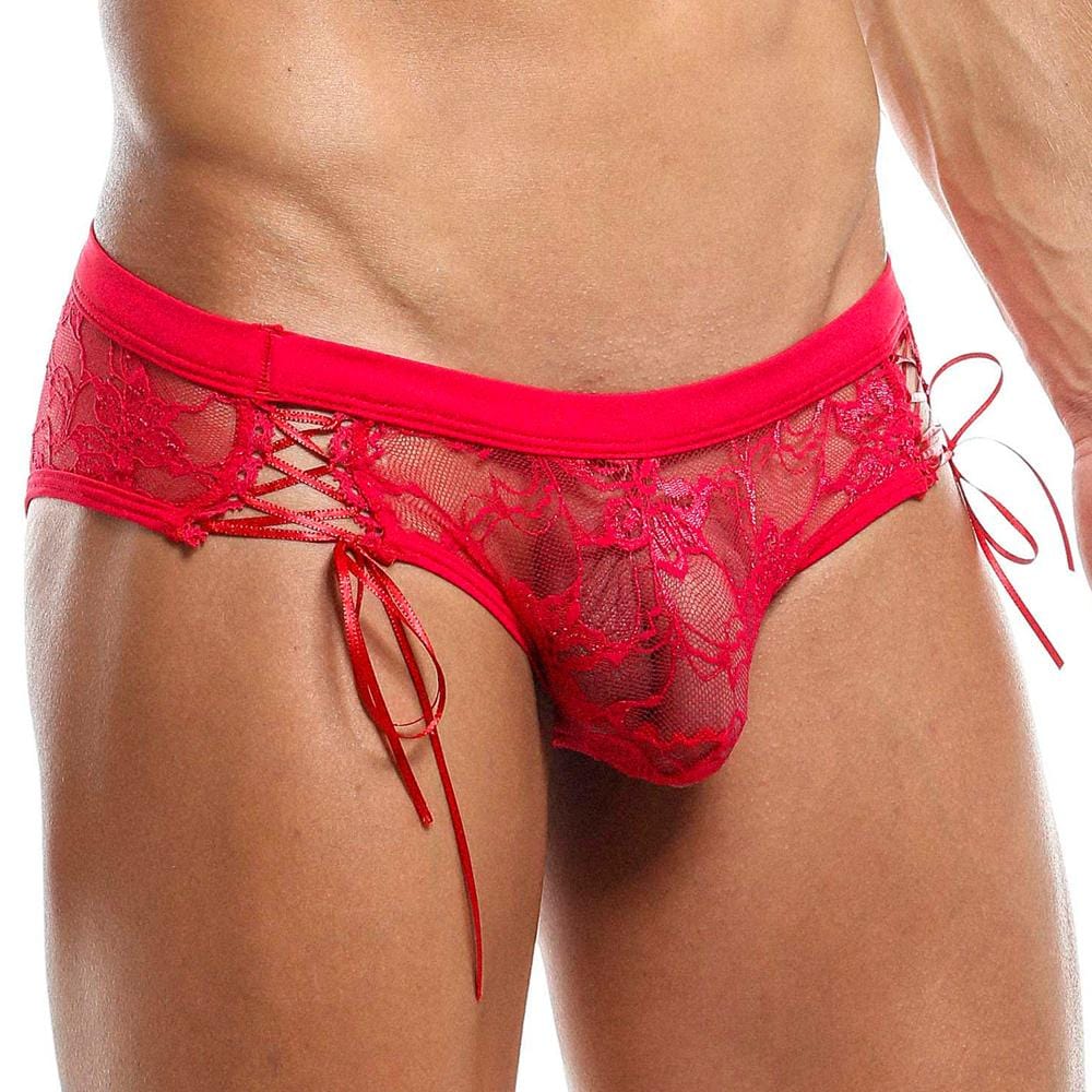 Red lace men’s bikini brief with mesh floral pattern and side ties from secret male smi024 collection