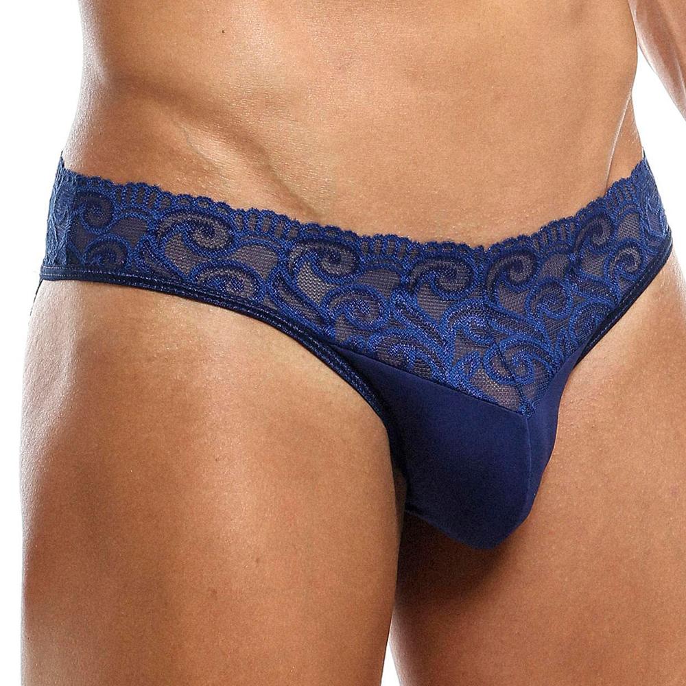 Navy blue lace-trimmed thong bikini brief with solid fabric back from Secret Male SMI025 collection