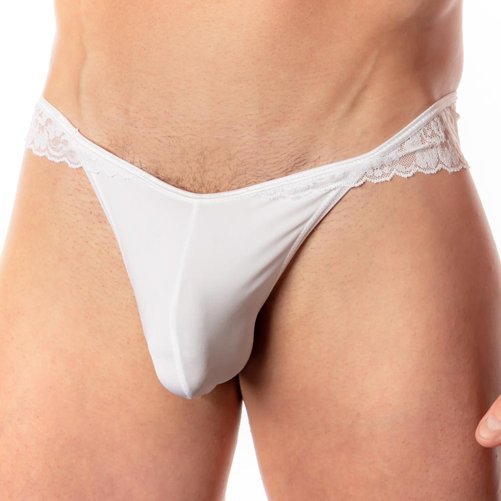 White lace-trimmed thong bikini brief made of smooth form-fitting fabric from secret male smi026 collection