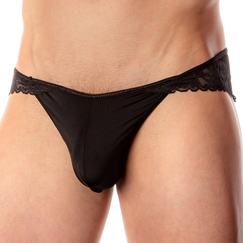 Black lace-trimmed thong made of smooth stretchy fabric shown from the back in secret male smi026 bikini brief style