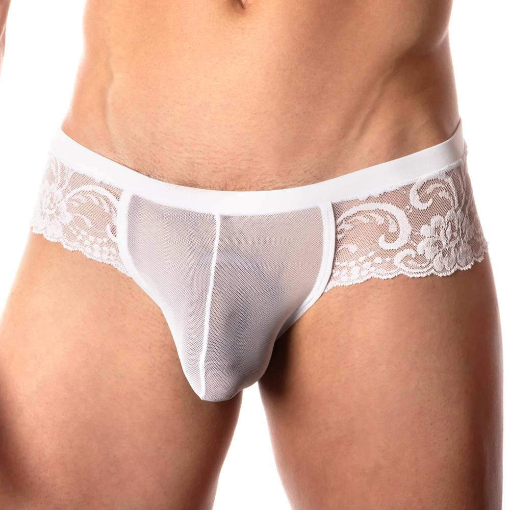 White lace-trimmed mesh thong bikini brief with a sheer form-fitting design from secret male smi027