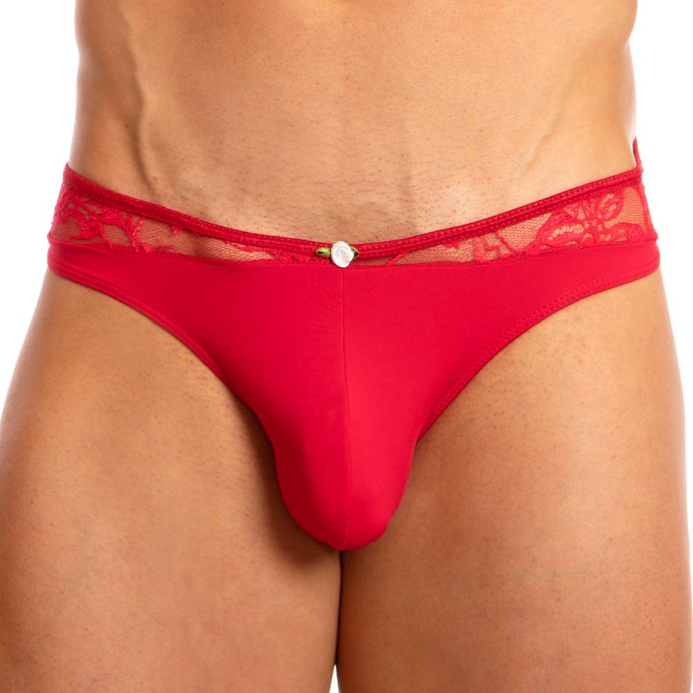 Red lace-trimmed thong bikini brief with white button closure from Secret Male SMI028 collection