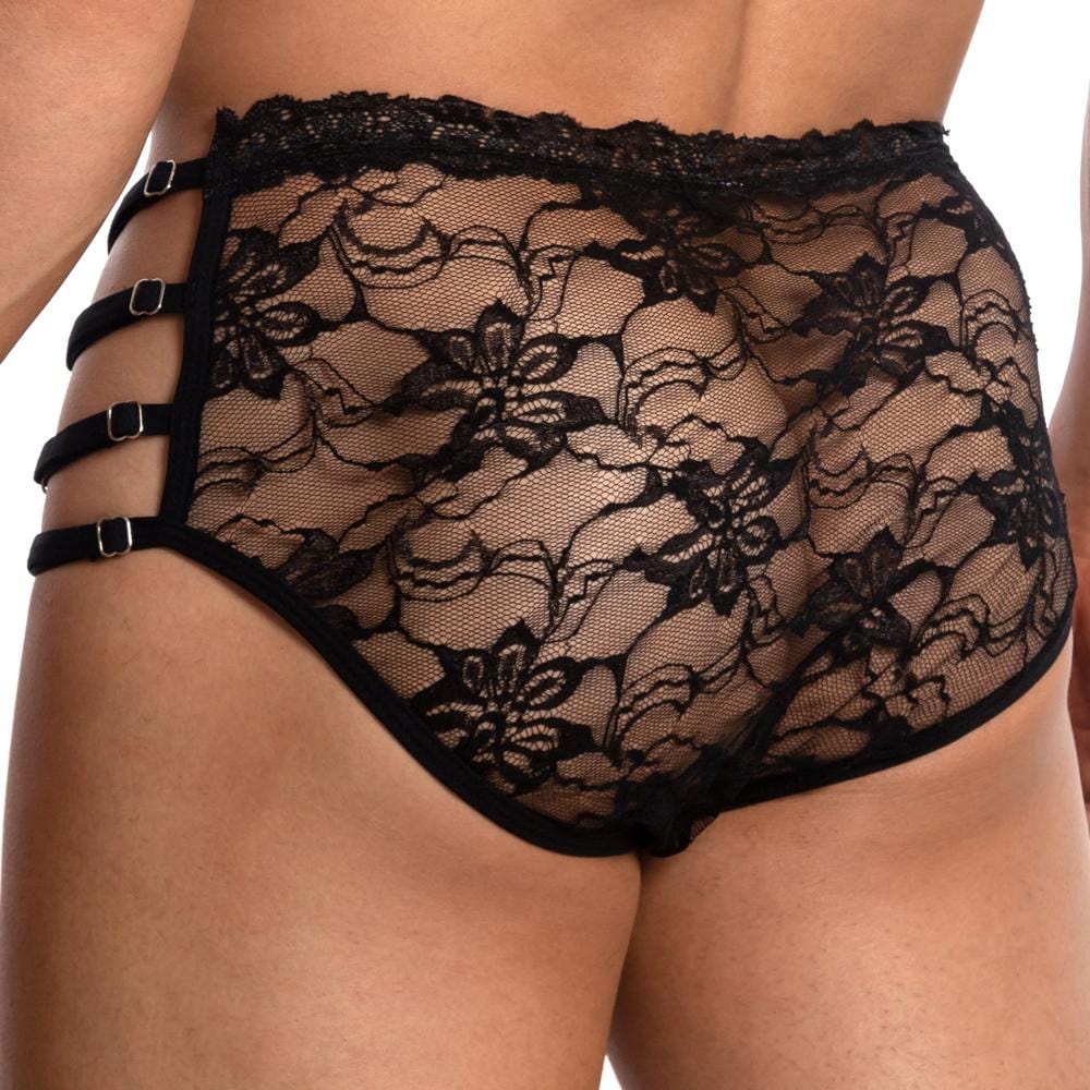 Black floral lace high-waisted Secret Male SMI029 bikini brief with side straps and silver buckles visible from the front
