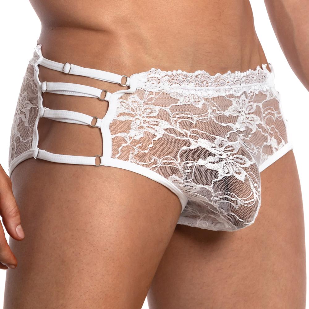 White lace secret male smi029 bikini brief with floral patterns and multiple adjustable straps shown from the back