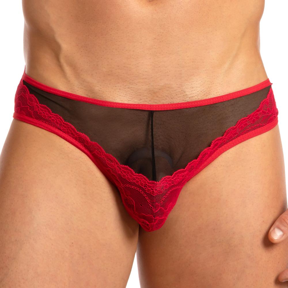 Red lace-trimmed sheer thong with black mesh center shown in the back for secret male smi031 bikini brief