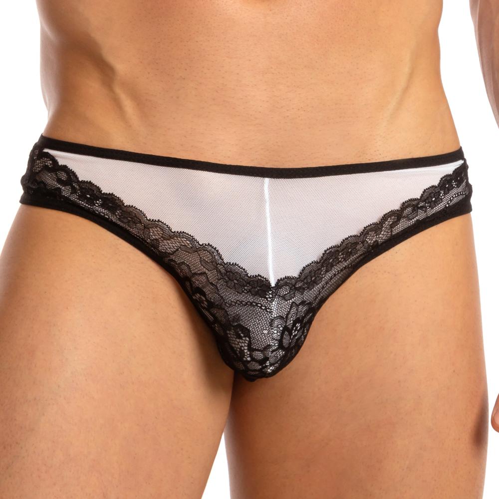 Secret male smi031 bikini brief black lace-trimmed mesh with sheer white center panel front view