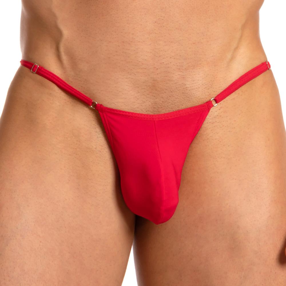 Red thong bikini brief with thin straps and metallic hardware from secret male smi032 shown from the back side