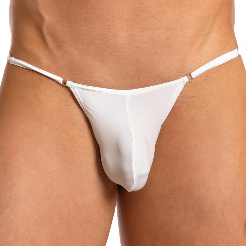 White sheer mesh thong bikini brief with thin straps and gold-toned metal clasps by secret male smi032
