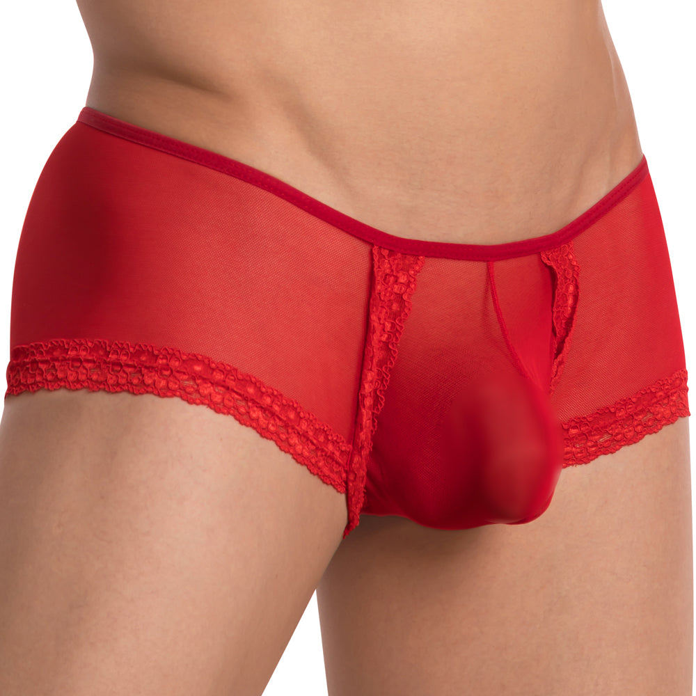 Red sheer lace-trimmed men’s Secret Male SMI039 bikini brief with mesh design and reinforced waistband