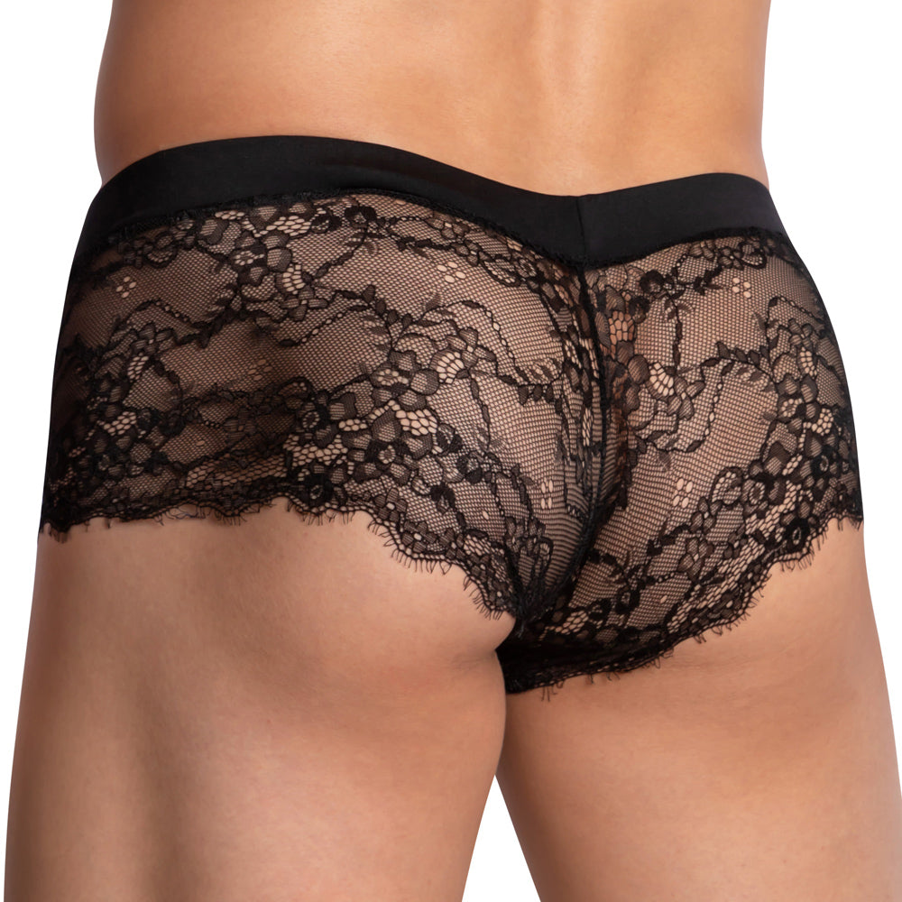 Black lace underwear with solid black waistband and intricate floral patterns in Secret Male SMI049 bikini brief design