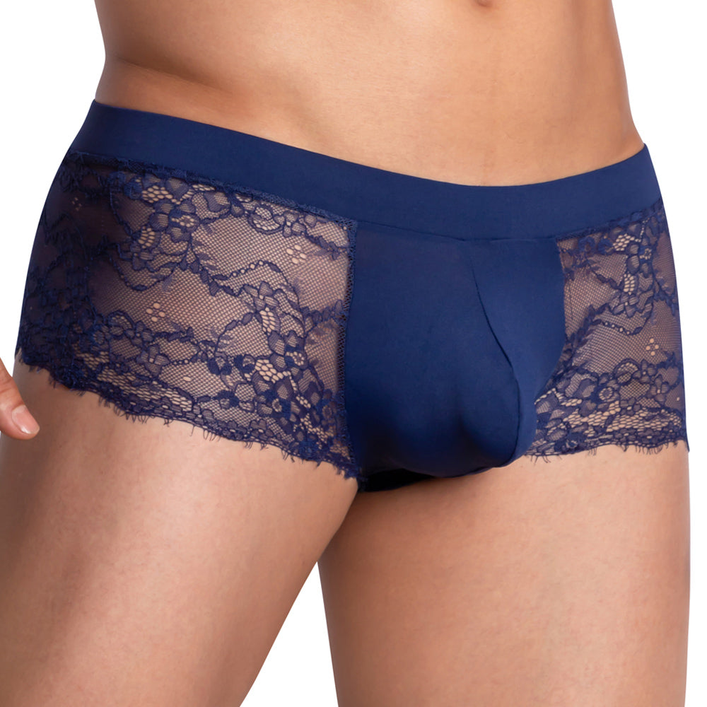 Navy blue secret male smi049 bikini brief with lace trim and smooth solid fabric center with floral mesh detailing
