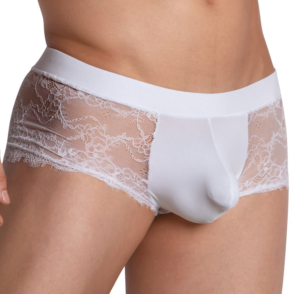 White lace-trimmed Secret Male SMI049 bikini brief in sheer floral mesh with solid white front panel for men