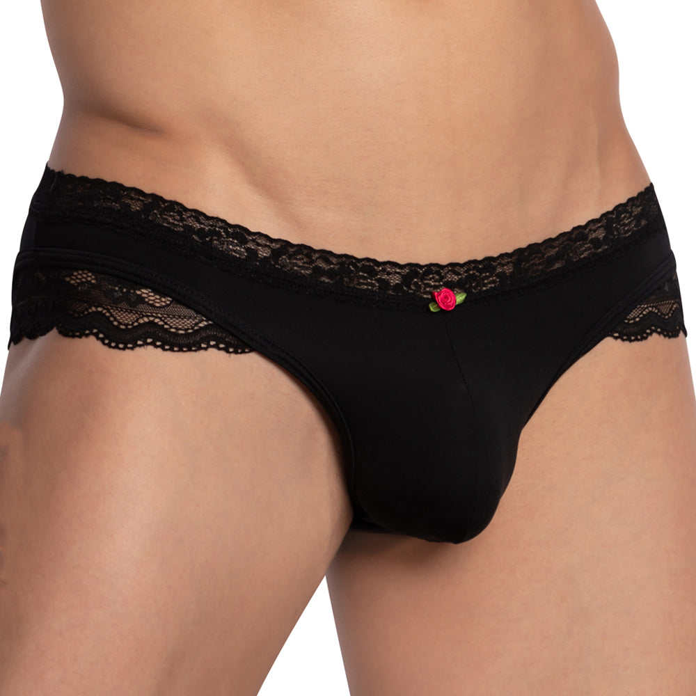 Secret male smi062 bikini brief black lace-trimmed men’s briefs with a small red rose embellishment front view