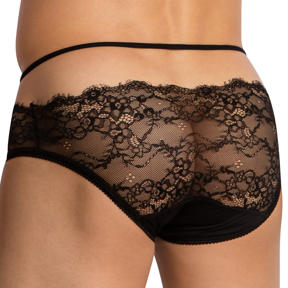 Black lace briefs secret male smi067 bikini brief with intricate floral patterns and satin-like waistband