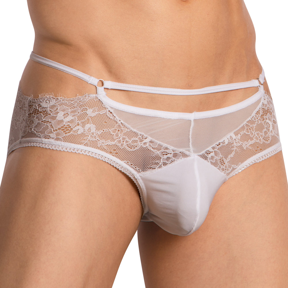 White lace-trimmed men’s bikini brief with sheer mesh panel and adjustable waistband in secret male smi067 design