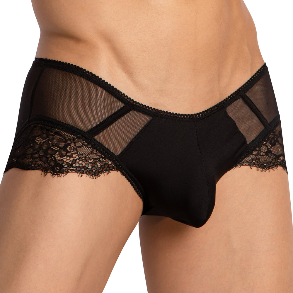 Black lace-trimmed mesh bikini briefs in smooth form-fitting design from secret male smi068 collection