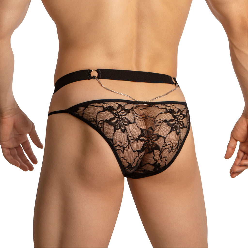 Black lace thong bikini with floral pattern and metallic chain detail at the back from secret male smi069 collection