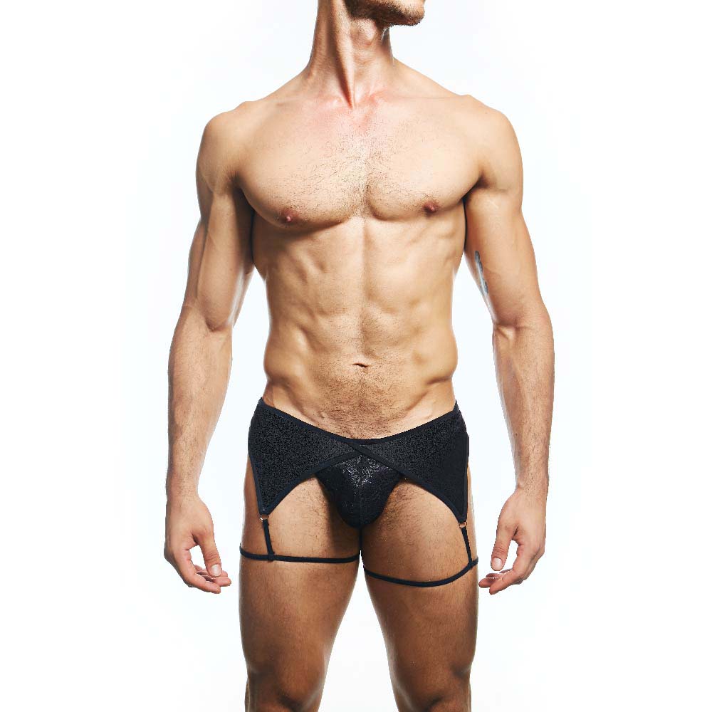 Black lace garter belt with textured shimmering fabric and adjustable straps from secret male smi075 bikini collection