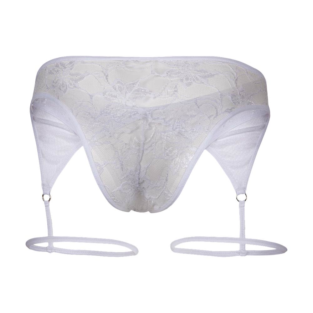 White lace thong bikini with attached garter straps for men from secret male smi075 in a front view